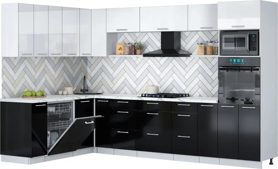 

Готовая кухня Интерлиния Мила Gloss 1.896х3.18 (черный глянец/белый глянец/белый гранит)