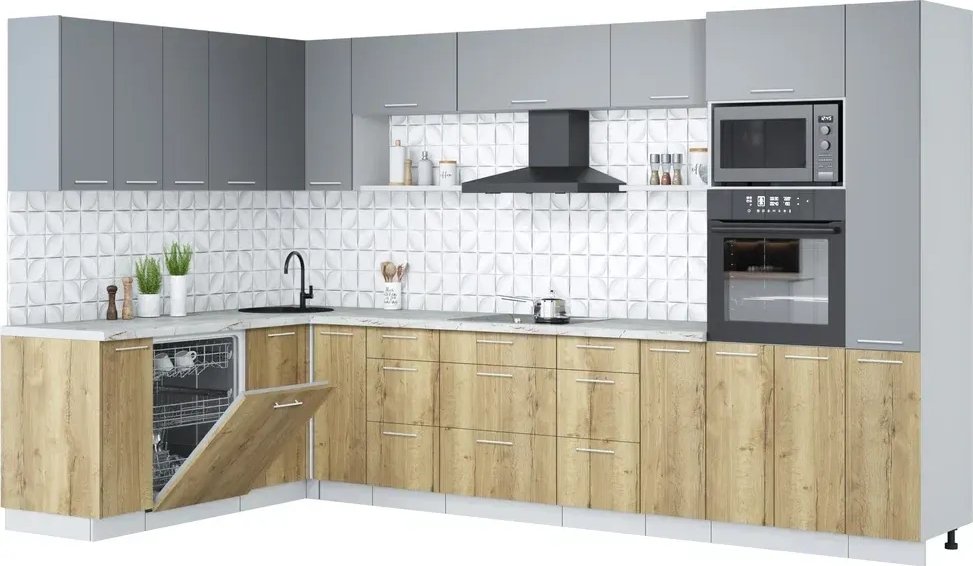 

Готовая кухня Интерлиния Мила Лайт 1.896х3.48 (серебро/дуб золотой/серый каспий)