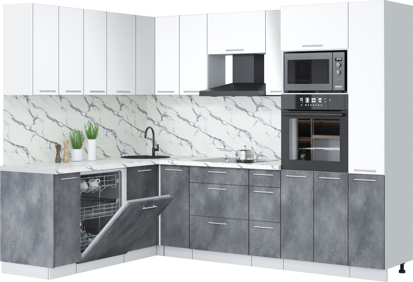 

Готовая кухня Интерлиния Мила Лайт 1.896х2.68 (белый платинум/бетон портленд/белый гранит)