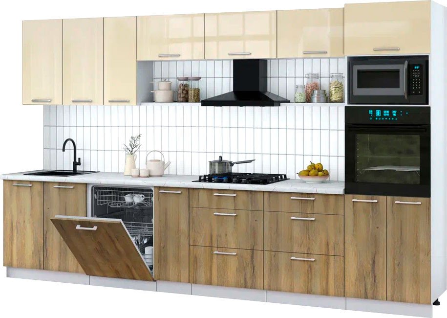 

Готовая кухня Интерлиния Мила Gloss 3.5-ПМ1-2 (дуб вотан/ваниль глянец/серый каспий)