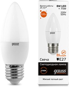 

Светодиодная лампочка Gauss Elementary E27 8Вт 2700K [33218]