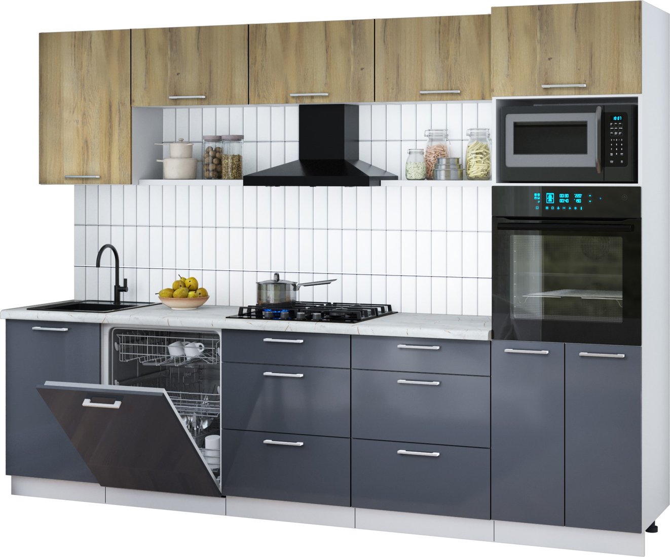 

Готовая кухня Интерлиния Мила Gloss 2.9-ПМ1 (асфальт глянец/дуб вотан/серый каспий)