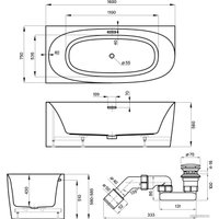 Ванна Wellsee Belle Spa 2.0 160x75 235802003 (пристенная ванна (левая) белый глянец, экран, каркас, сифон-автомат матовый черный)