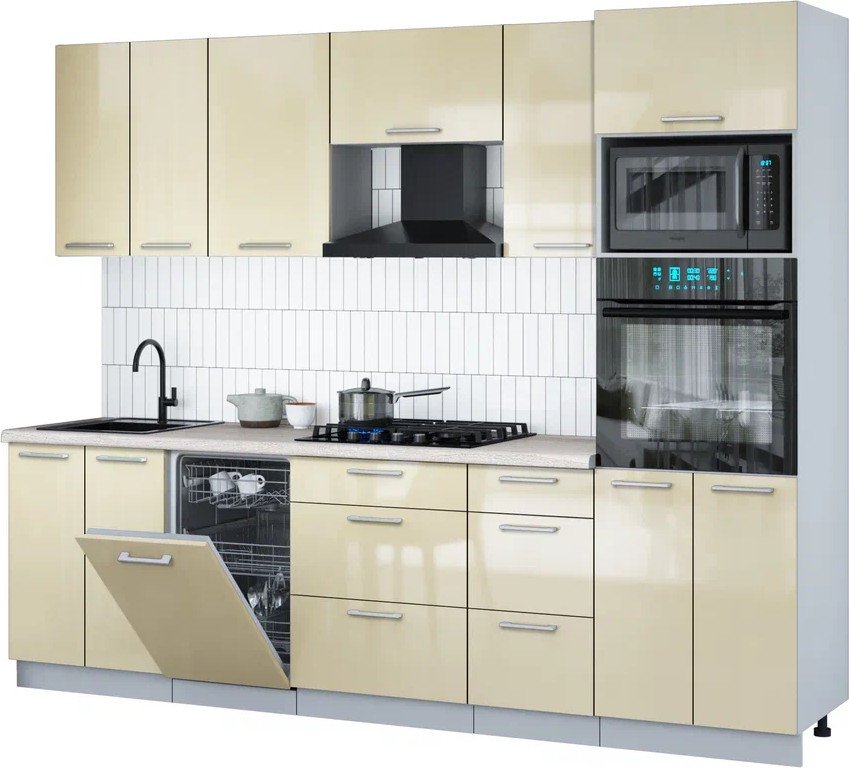 

Готовая кухня Интерлиния Мила Gloss 2.65-ПМ3 (ваниль глянец/ваниль глянец/травертин серый)