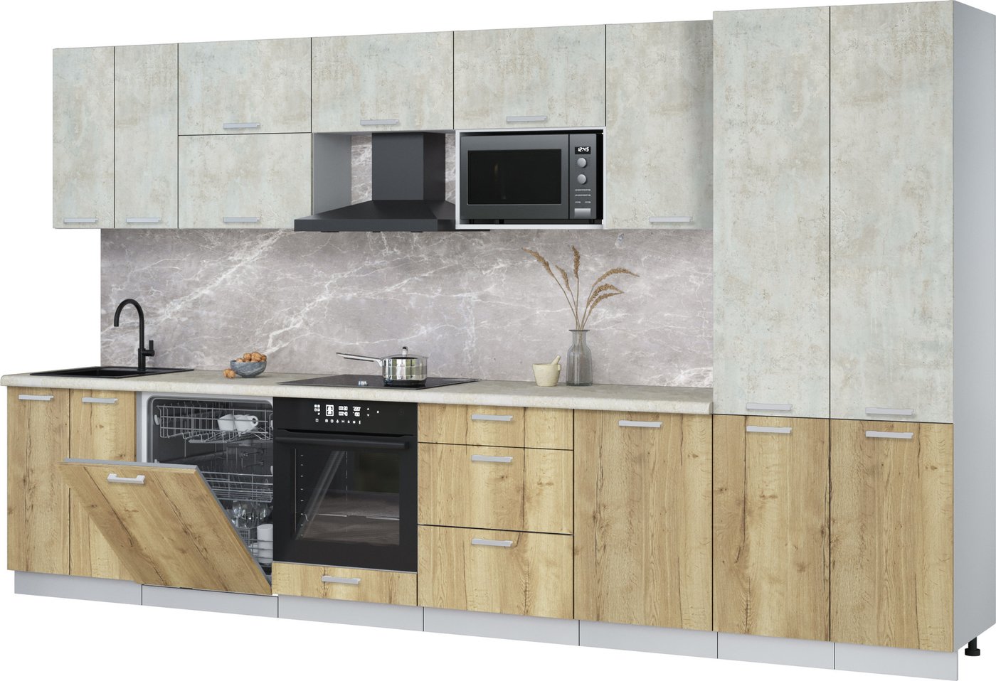 

Готовая кухня Интерлиния Мила Лайт 3.7-ПМ2 (бетон лайт/дуб золотой/опал светлый)