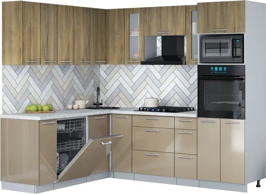 

Готовая кухня Интерлиния Мила Gloss 1.896х2.38 (капучино глянец/дуб вотан/серый каспий)