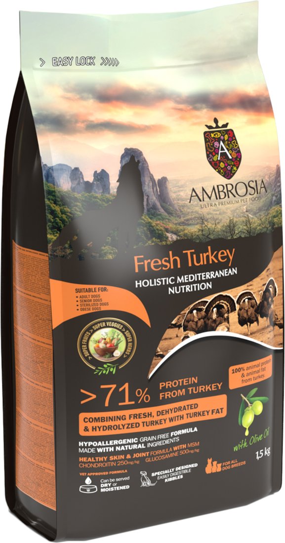 

Сухой корм для собак Ambrosia Mediterranean Adult, Senior & Sterilized All Breeds Fresh Turkey (для стерилизованных со свежей индейкой) 1.5 кг