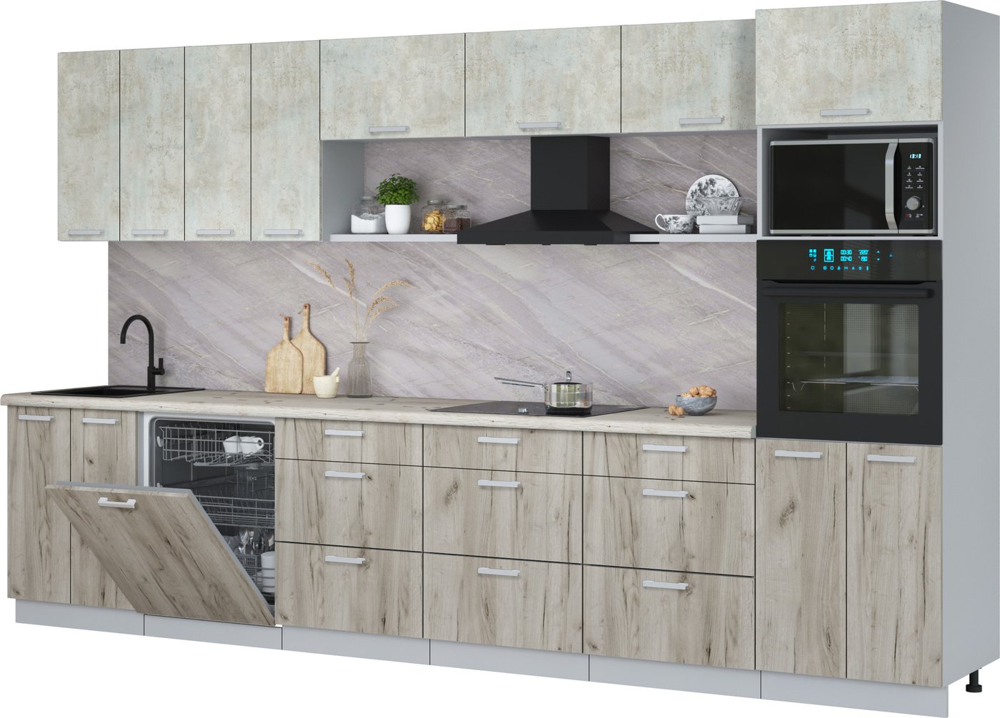 

Готовая кухня Интерлиния Мила Лайт 3.6-ПМ1-2 (бетон лайт/дуб серый/бискайская сосна)