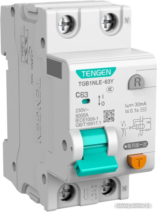 Дифференциальный автомат Tengen TGB1NLE-63Y 1P+N 63A C 6kA 30mA AC 2M TEN312177