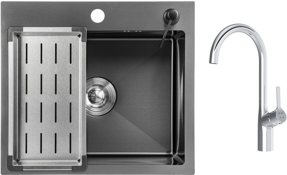 Кухонная мойка Saniteco 5045 Nano + Spike F9S07000 (хром, с сифоном, дозатором и коландером)
