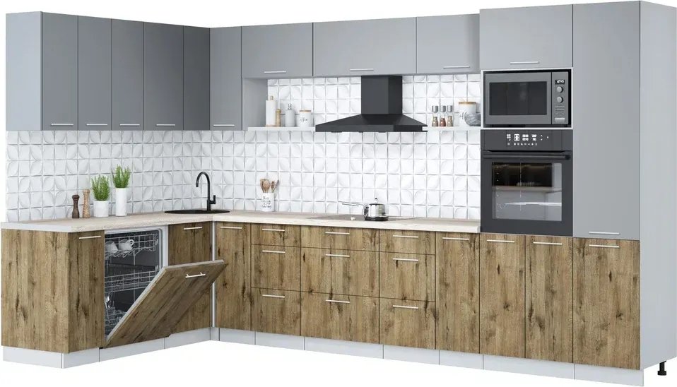 

Готовая кухня Интерлиния Мила Лайт 1.896х3.58 (серебро/дуб веллингтон/травертин серый)