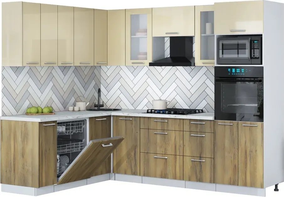 

Готовая кухня Интерлиния Мила Gloss 1.896х2.58 (дуб вотан/ваниль глянец/серый каспий)