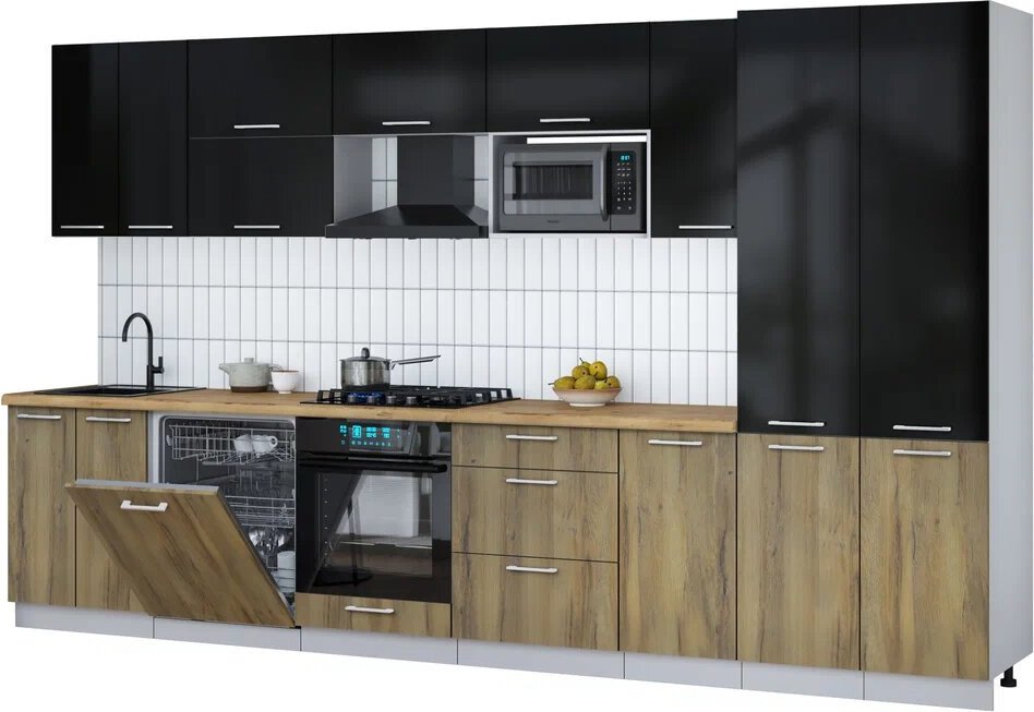 

Готовая кухня Интерлиния Мила Gloss 3.6-ПМ2 (дуб вотан/черный глянец/дуб бунратти)