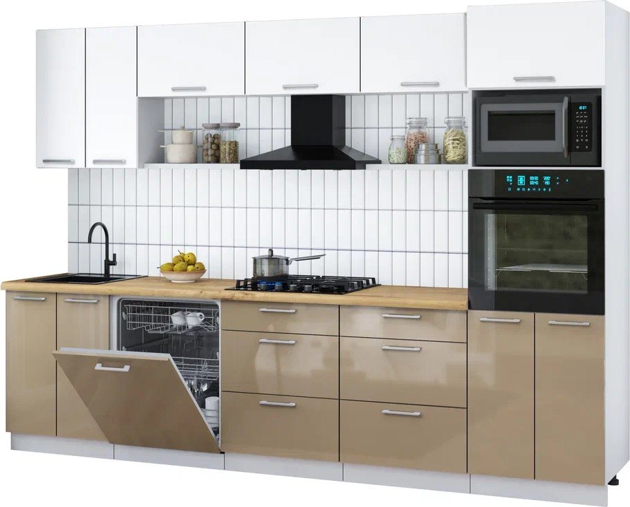 

Готовая кухня Интерлиния Мила Gloss 3.0-ПМ1 (капучино глянец/белый/дуб бунратти)