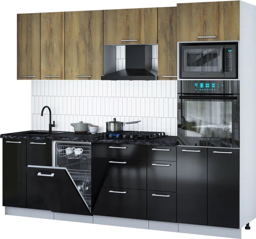 

Готовая кухня Интерлиния Мила Gloss 2.55-ПМ3 (черный глянец/дуб вотан/кастилло темный)