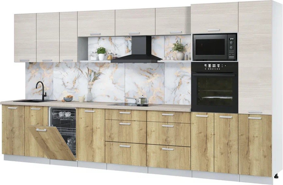 

Готовая кухня Интерлиния Мила Лайт 3.9-ПМ3 (вудлайн кремовый/дуб золотой/травертин серый)