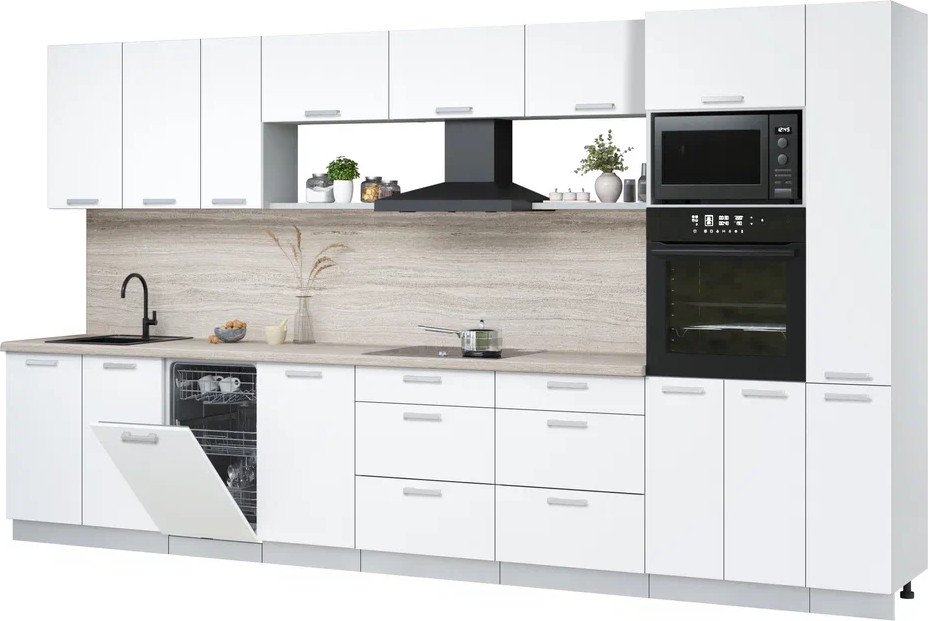 

Готовая кухня Интерлиния Мила Лайт 3.8-ПМ3 (белый платинум/белый платинум/травертин серый)