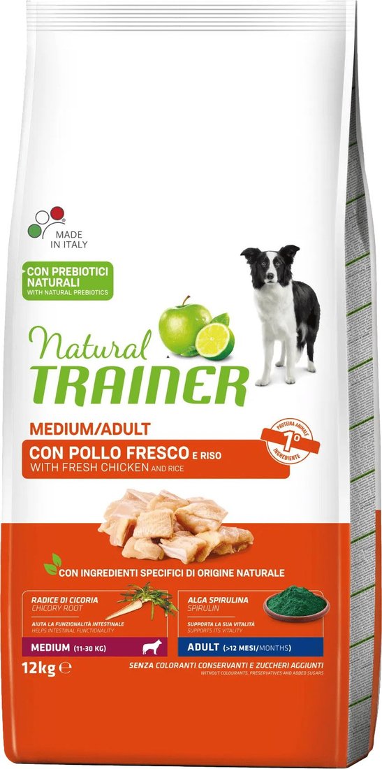 

Сухой корм для собак Trainer Для средних пород с курицей, цикорием и спирулиной 12 кг