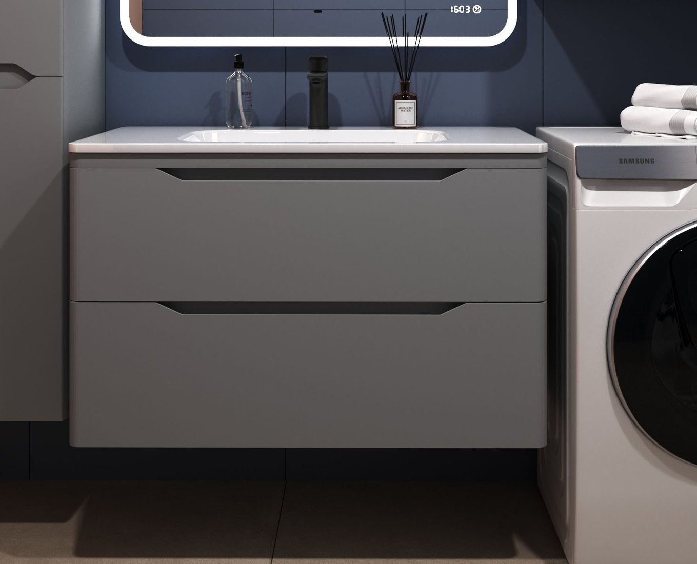 

Symbolite Тумба под умывальник Марелла 90 Люкс Plus 2 ящика + Марелла Люкс 90х40 (подвесная, серый)