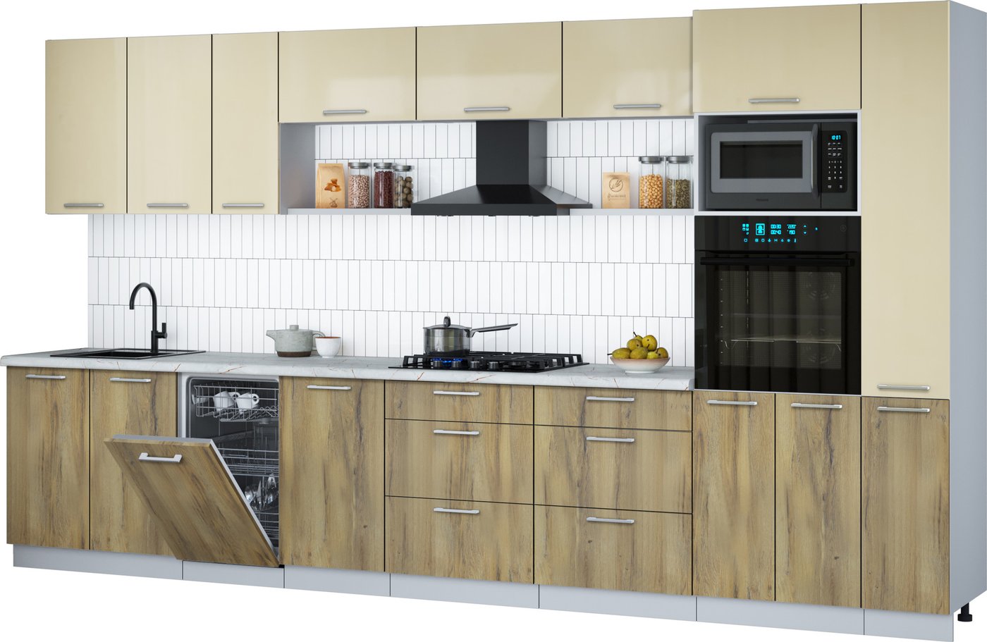 

Готовая кухня Интерлиния Мила Gloss 3.8-ПМ3 (дуб вотан/ваниль глянец/серый каспий)