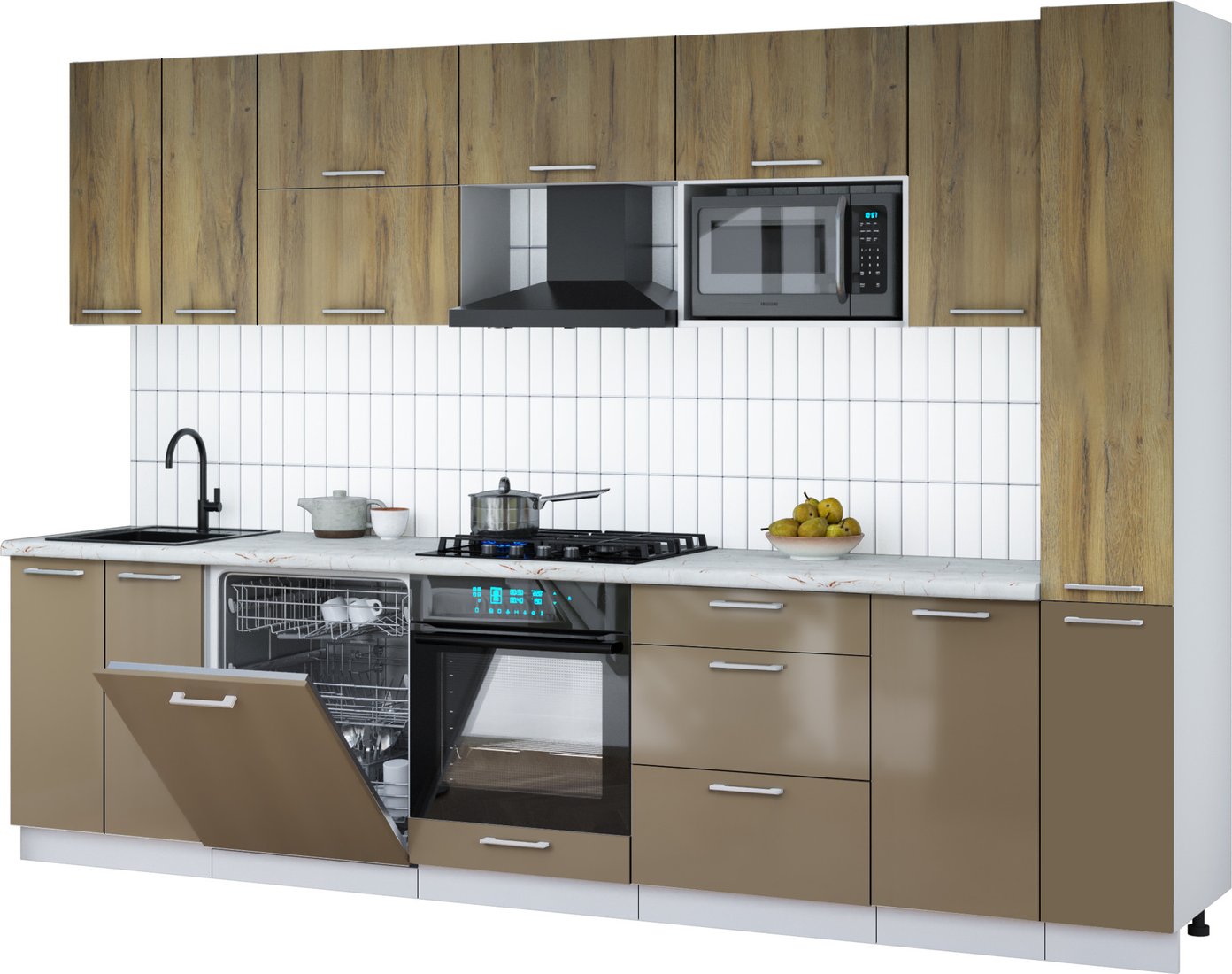 

Готовая кухня Интерлиния Мила Gloss 3.1-ПМ2 (капучино глянец/дуб вотан/серый каспий)