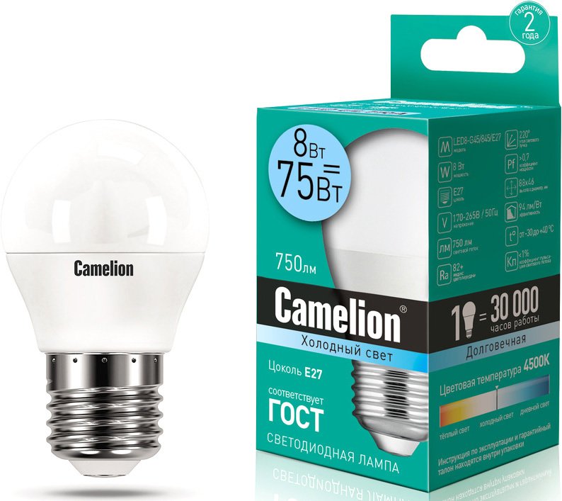 

Светодиодная лампочка Camelion LED8-G45/845/E27 12394