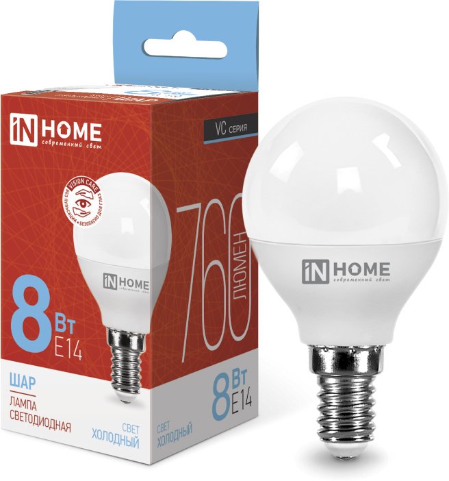 

Светодиодная лампочка In Home LED-Шар-VC 8Вт 230В Е14 6500К 760Лм 4690612024882