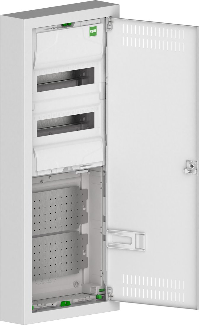 

Бокс пластиковый Elektro-Plast MSF TWIN RN комбинированный, 2*12M+2xМП перф., N/PE-шинки, 1xSCHUKO, мет. дверь, белый RAL9016, 358x853x100mm, IP30