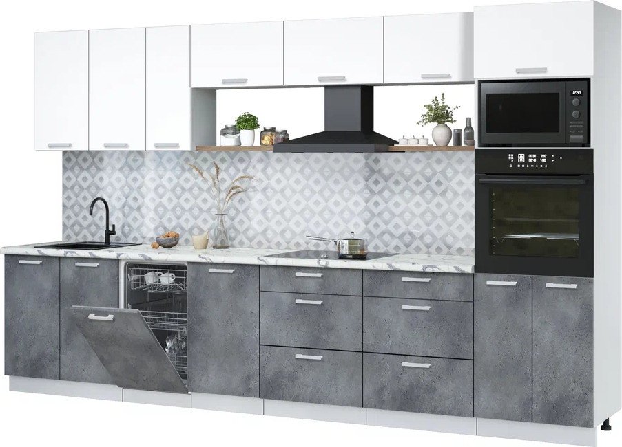 

Готовая кухня Интерлиния Мила Лайт 3.5-ПМ3 ( белый платинум/бетон портленд/белый гранит)