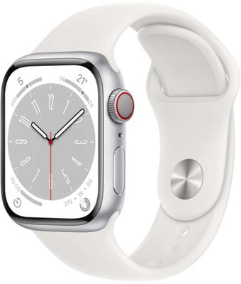 Apple Watch Series 8 LTE 45 мм (алюминиевый корпус, серебристый/белый, спортивные силиконовые ремешки S/M + M/L)