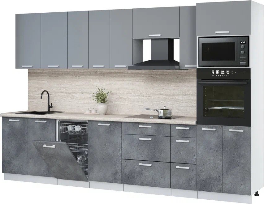 

Готовая кухня Интерлиния Мила Лайт 3.2-ПМ3 (серебро/бетон портленд/травертин серый)