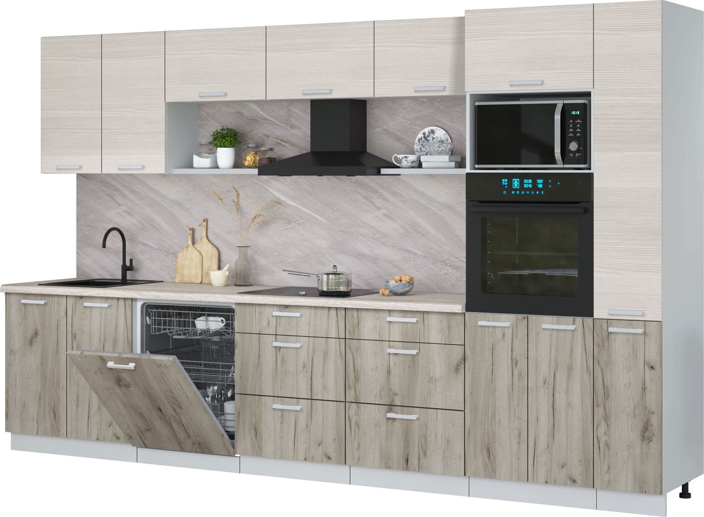 

Готовая кухня Интерлиния Мила Лайт 3.5-ПМ1 (вудлайн кремовый/дуб серый/травертин серый)