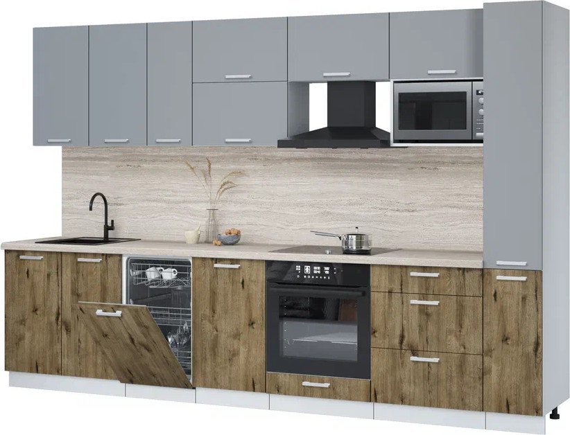 

Готовая кухня Интерлиния Мила Лайт 3.2-ПМ4 (серебро/дуб веллингтон/травертин серый)