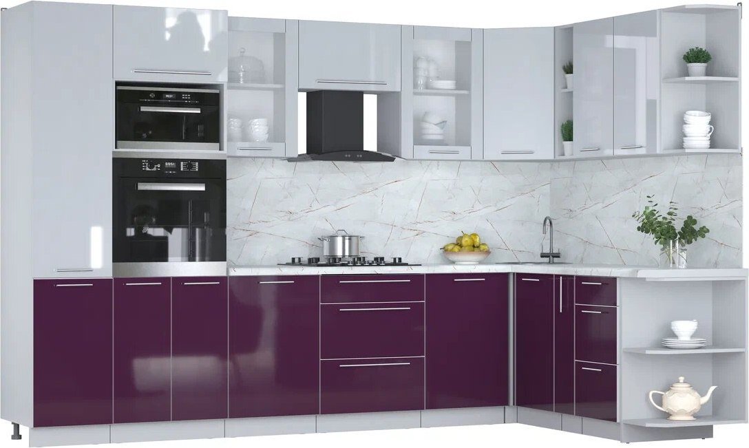 

Готовая кухня Интерлиния Мила Пластик 1.88x3.2 PR (туманный глянец/слива/серый каспий)