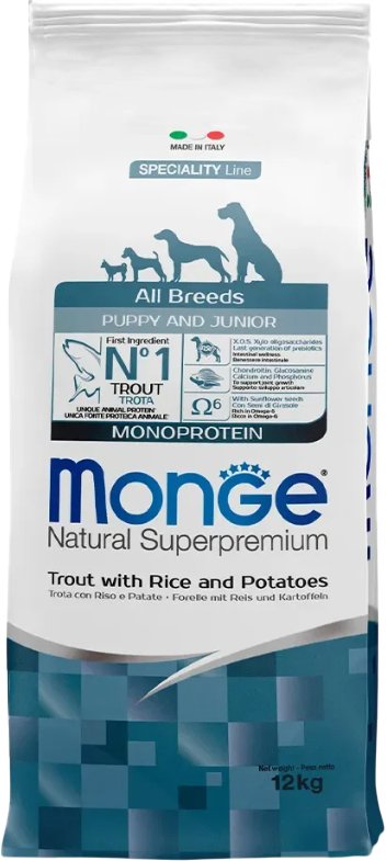 

Сухой корм для собак Monge Speciality Line Monoprotein Для щенков Форель, рис и картофелем 12 кг