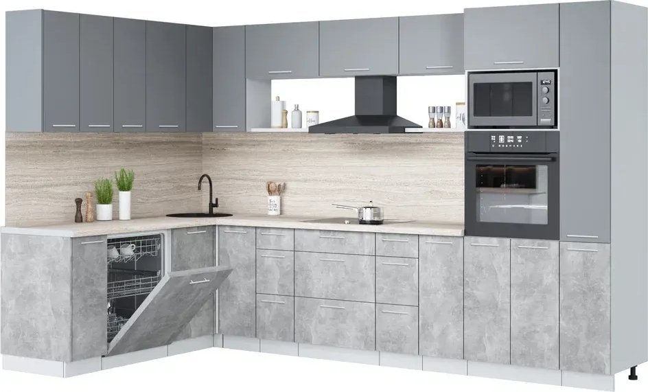 

Готовая кухня Интерлиния Мила Лайт 1.896х3.28 (серебро/бетон/травертин серый)