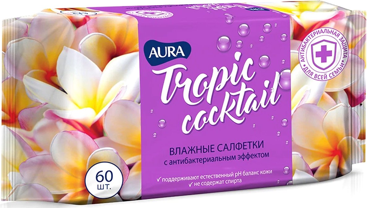 

Влажные салфетки Aura Для всей семьи с антибактериальным эффектом Tropic Cocktail (60 шт)
