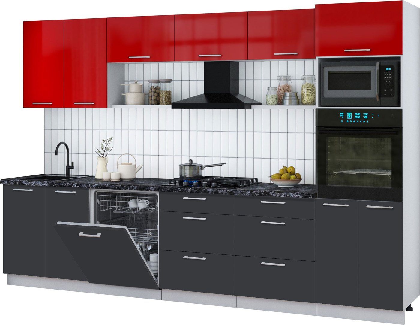 

Готовая кухня Интерлиния Мила Gloss 3.2-ПМ1 (пепел/красный глянец/кастилло темный)