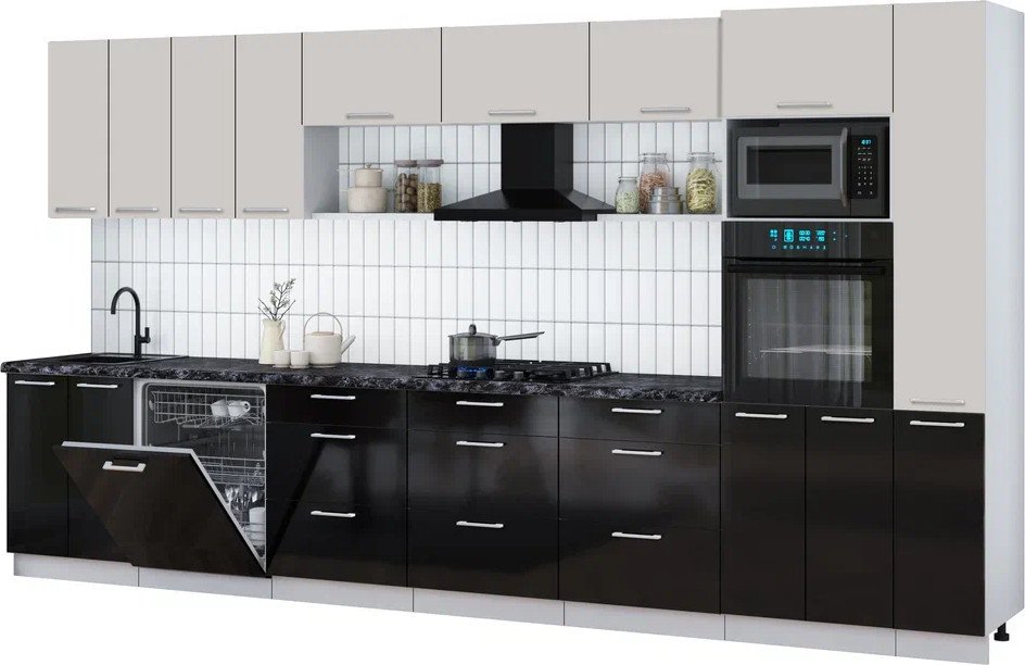 

Готовая кухня Интерлиния Мила Gloss 3.9-ПМ1 (черный глянец/кашемир/кастилло темный)