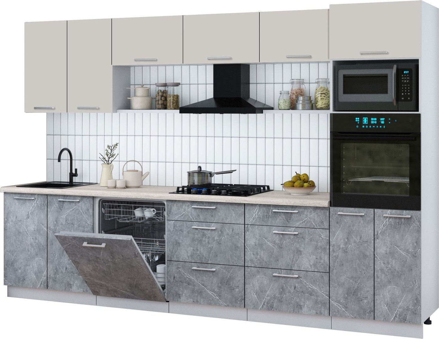 

Готовая кухня Интерлиния Мила Gloss 3.2-ПМ1 (керамика/кашемир/травертин серый)