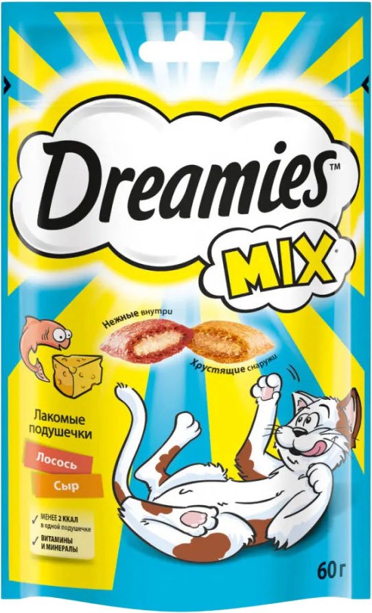 

Лакомство для кошек Dreamies лакомые подушечки Mix с лососем и сыром 60 г
