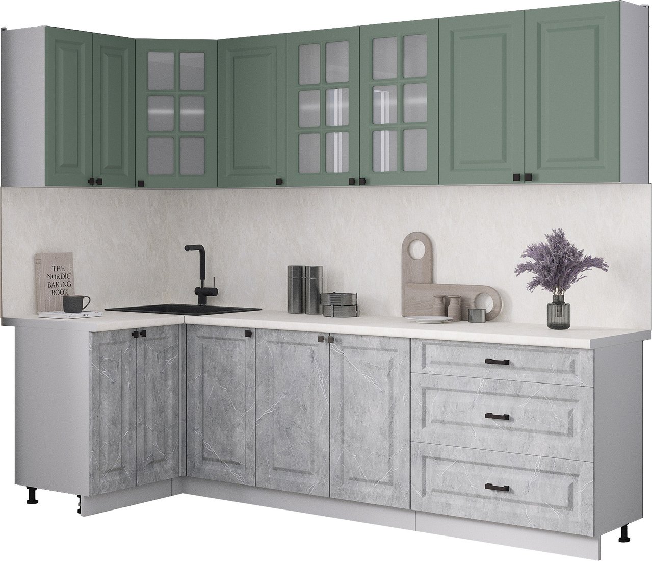 

Готовая кухня Интерлиния Мила Деко 1.2x2.6 (керамика/мята/опал светлый)