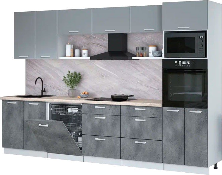 

Готовая кухня Интерлиния Мила Лайт 3.2-ПМ1 (серебро/бетон портленд/травертин серый)