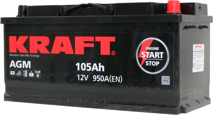 Автомобильный аккумулятор KRAFT AGM 105 R+