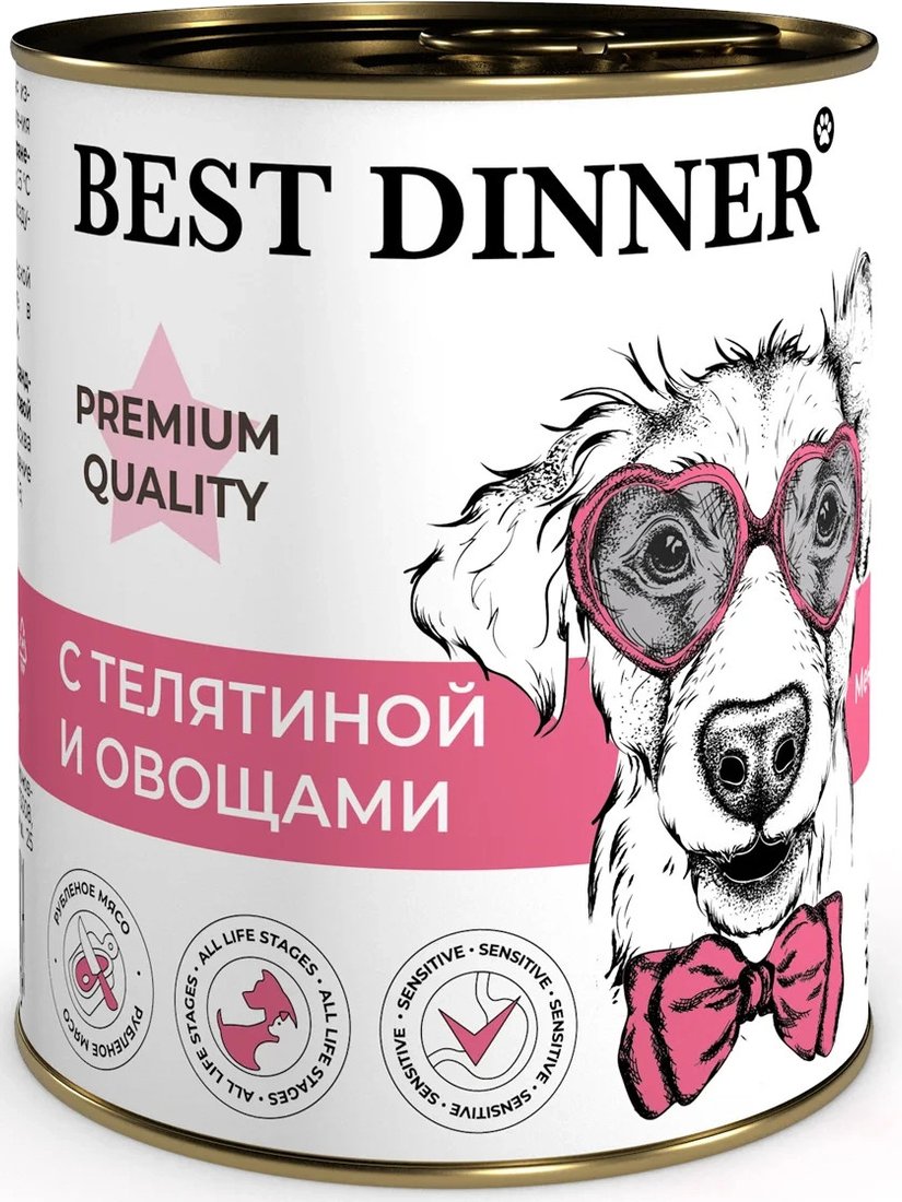 

Консервированный корм для собак Best Dinner Premium Меню №4 с телятиной и овощами (340 г)