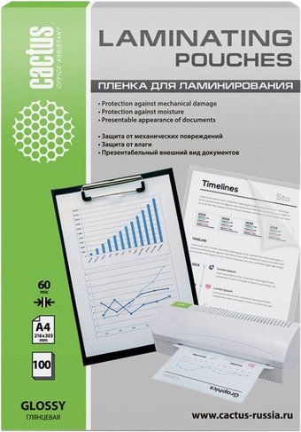 Пленка для ламинирования CACTUS глянцевая A4, 60 мкм, 100 л