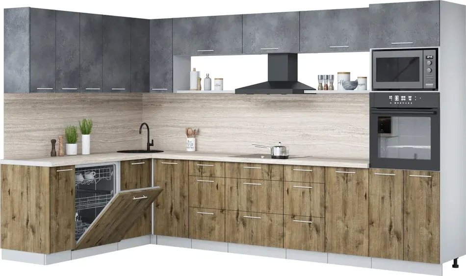 

Готовая кухня Интерлиния Мила Лайт 1.896х3.38-2 (бетон портленд/дуб веллингтон/травертин серый)