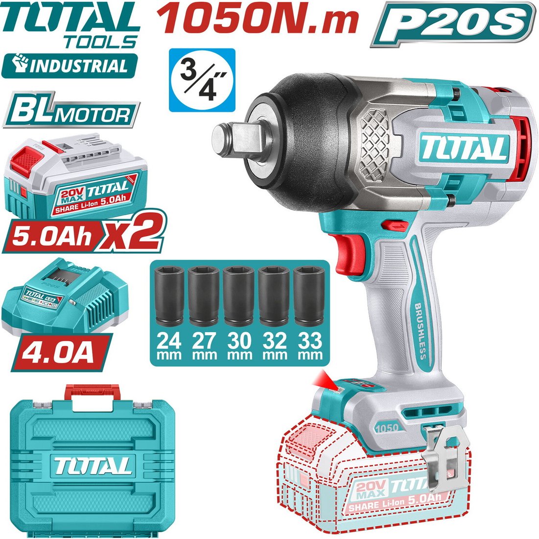 

Гайковерт Total TIWLI20105 (с 2-мя АКБ, кейс)