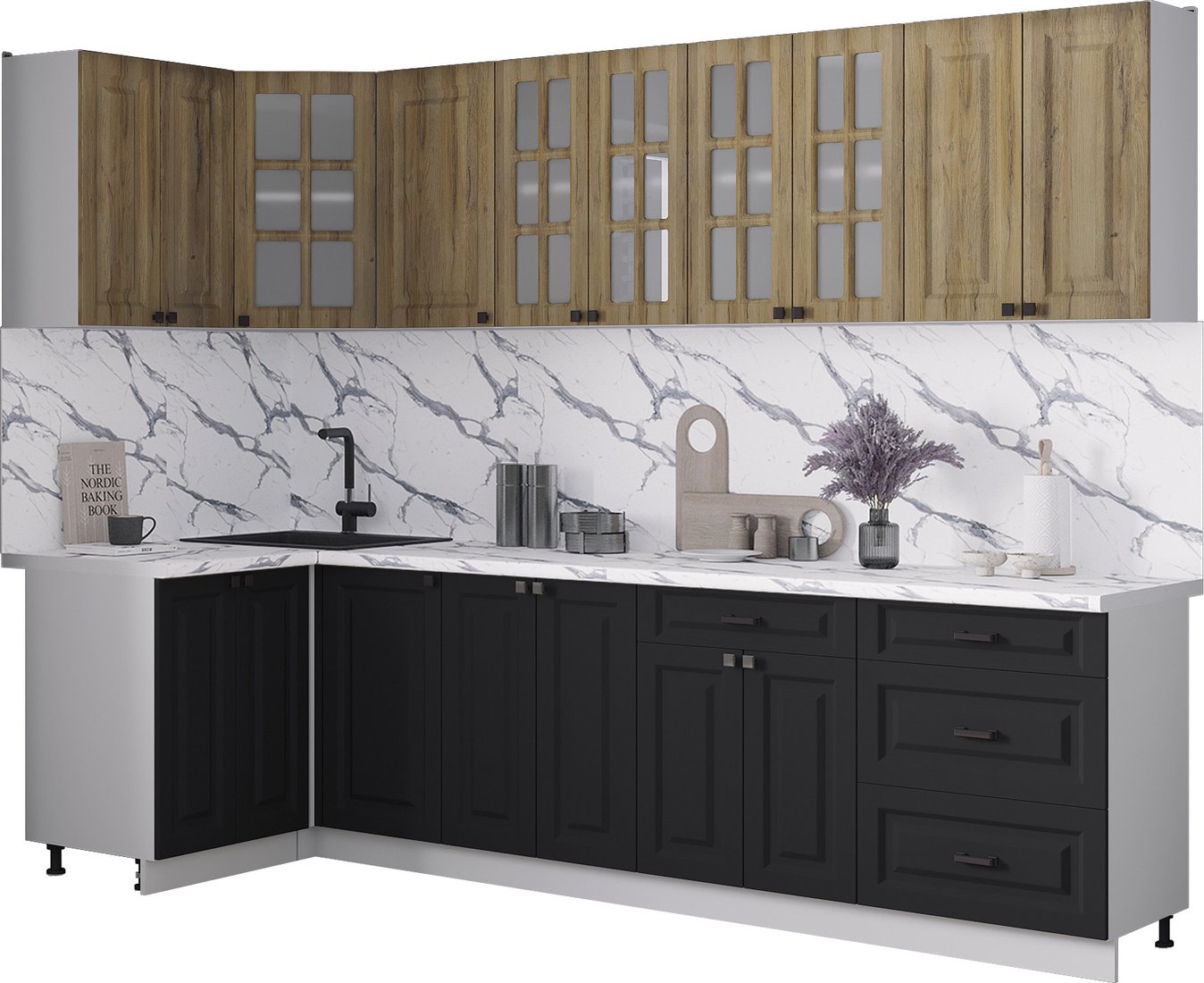 

Готовая кухня Интерлиния Мила Деко 1.2x2.8 (черный/дуб вотан/белый гранит)