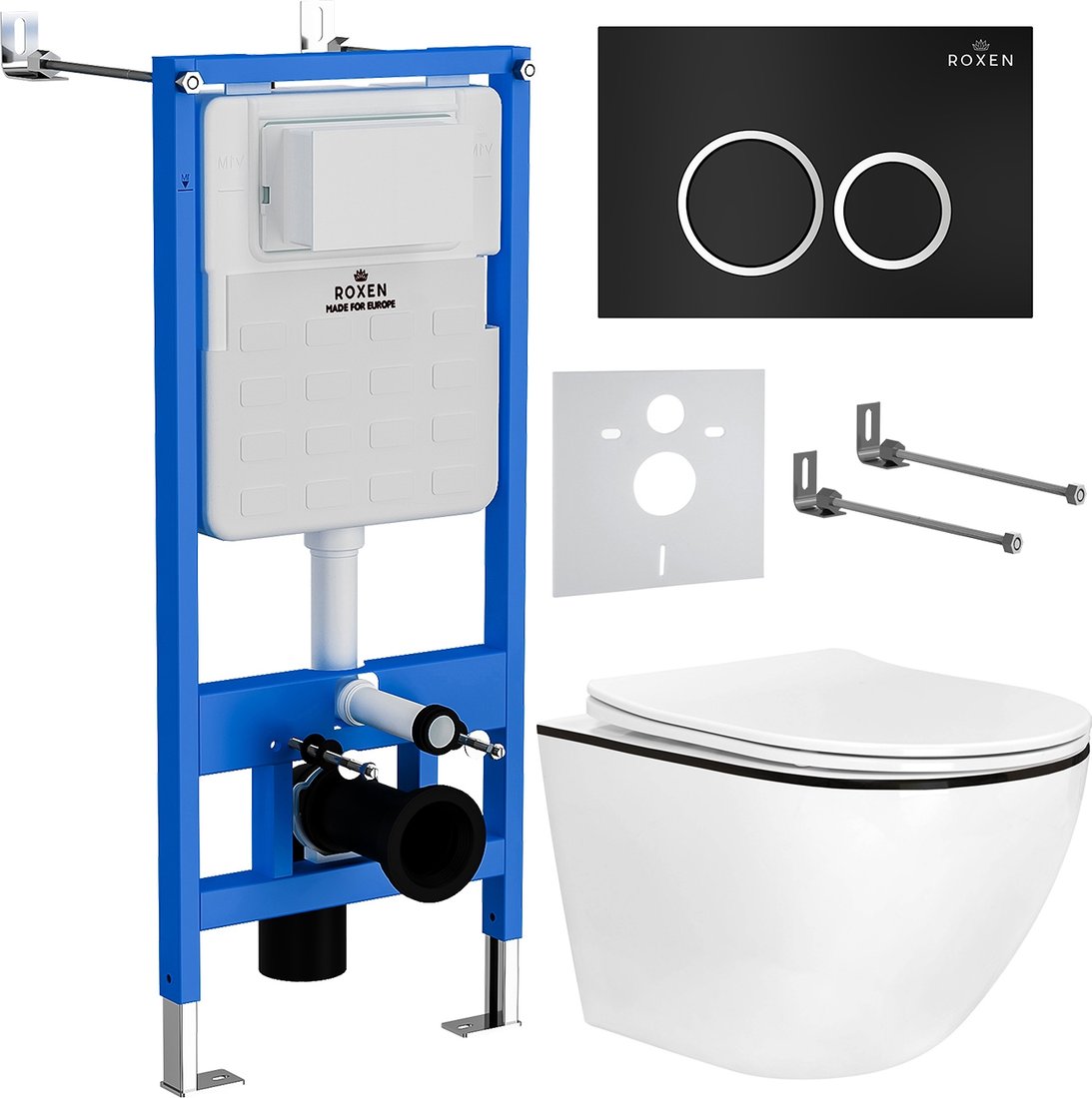 

Унитаз подвесной Roxen Antares Black в комплекте с инсталляцией StounFix Dual Fresh 6 в 1 964643 (кнопка: черный матовый)